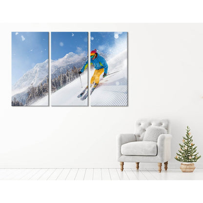 Skier Descends From A Snowy Mountain №04429 Ready to Hang Canvas Print - Zellart Canvas Prints ALL_Products