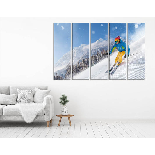 Skier Descends From A Snowy Mountain №04429 Ready to Hang Canvas Print - Zellart Canvas Prints ALL_Products