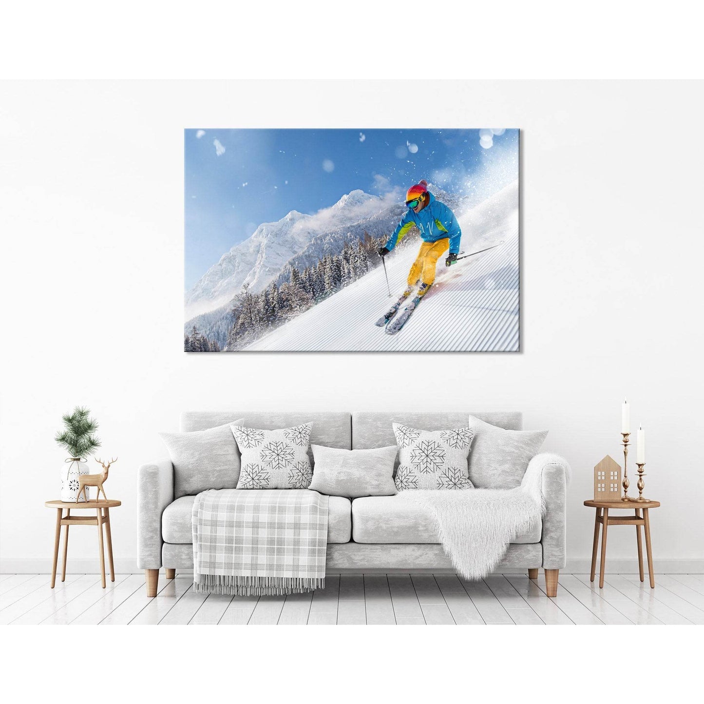 Skier Descends From A Snowy Mountain №04429 Ready to Hang Canvas Print - Zellart Canvas Prints ALL_Products