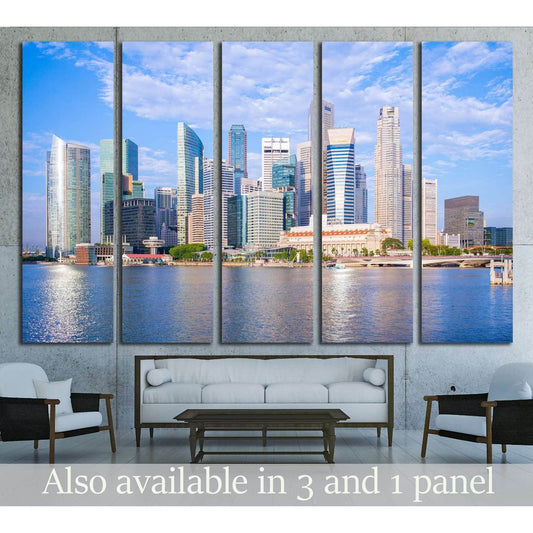 Singapore skyline canvas print above a sofa, featuring Marina Bay skyscrapers and waterfront reflections