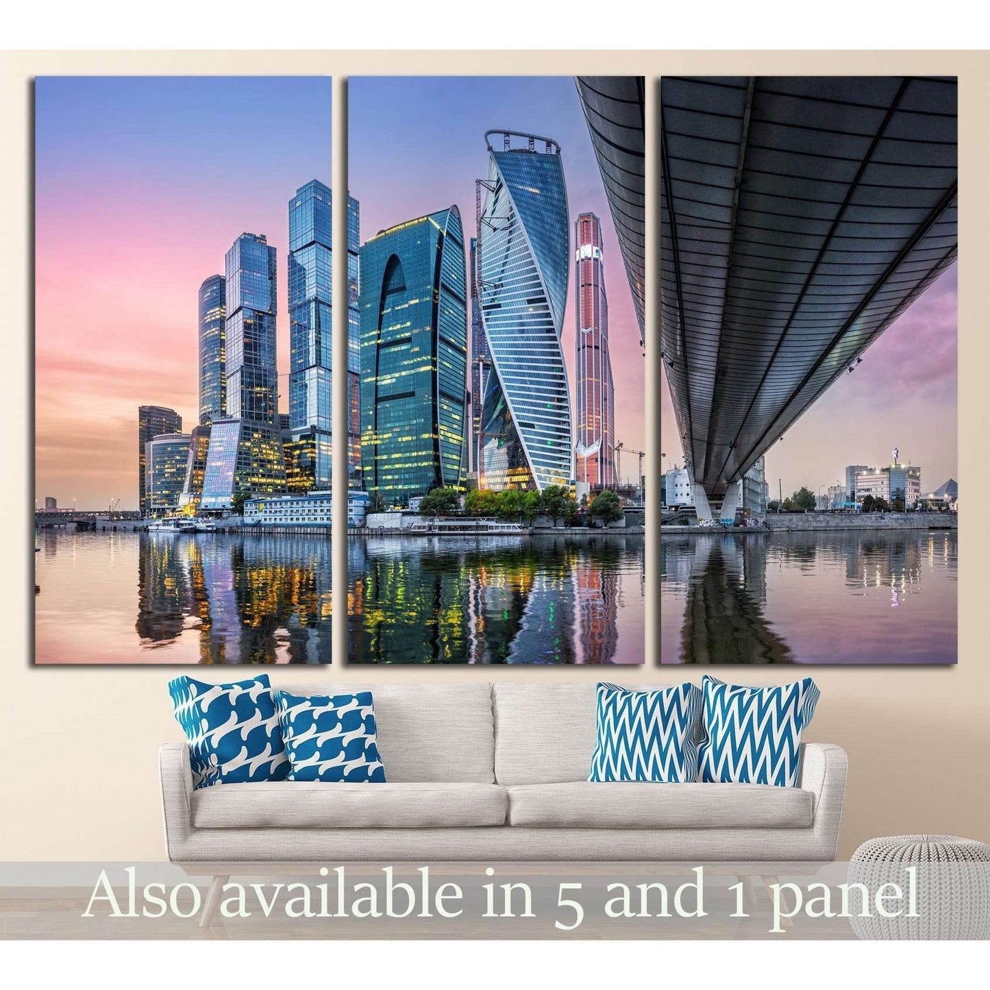 Moscow City skyscraper canvas print with river reflections above sofa in modern living room