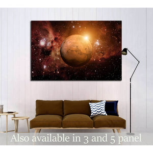 Mars planet canvas print with glowing nebula and starfield above sofa in modern living room