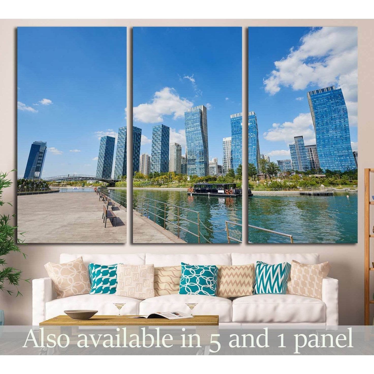 Songdo Korea skyline triptych canvas print with blue glass towers and waterfront promenade above a sofa