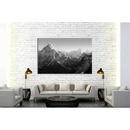 Everest's Peaks: Black and White Wall DecorThis canvas print captures the awe-inspiring grandeur of Mount Everest in monochrome, highlighting the mountain's dramatic contours and peaks. An excellent choice for wall art, this print would bring a sense of a
