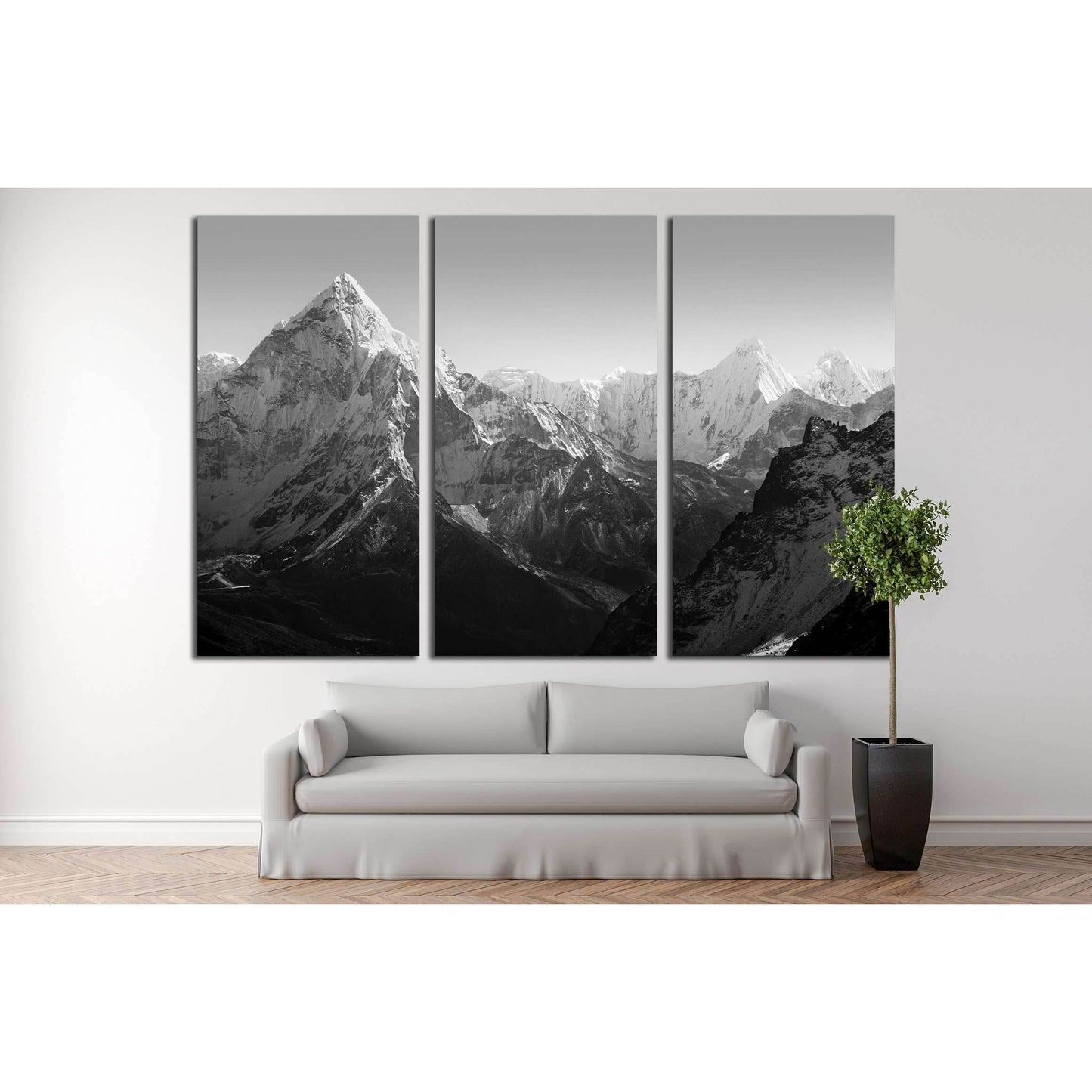 Everest's Peaks: Black and White Wall DecorThis canvas print captures the awe-inspiring grandeur of Mount Everest in monochrome, highlighting the mountain's dramatic contours and peaks. An excellent choice for wall art, this print would bring a sense of a
