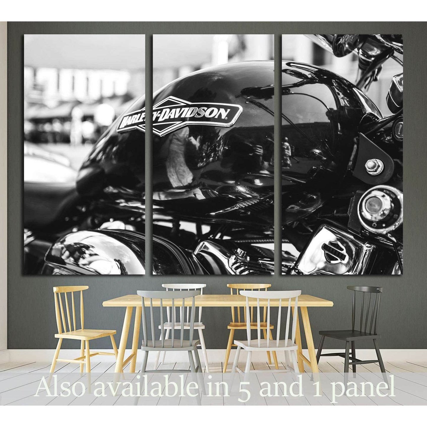 Black and white Harley Davidson motorcycle tank close-up triptych canvas print in modern dining room