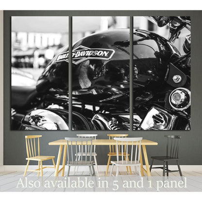 Black and white Harley Davidson motorcycle tank close-up triptych canvas print in modern dining room