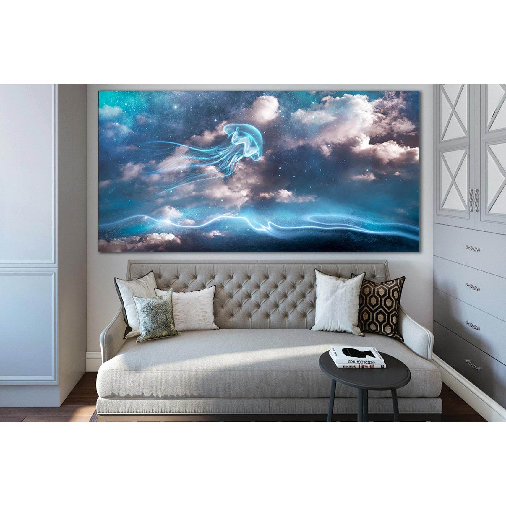 Stars And Neon Jellyfish №SL1222 Ready to Hang Canvas Print - Zellart Canvas Prints 0new, ALL_Products, Fantasy And Sci Fi Wall Art