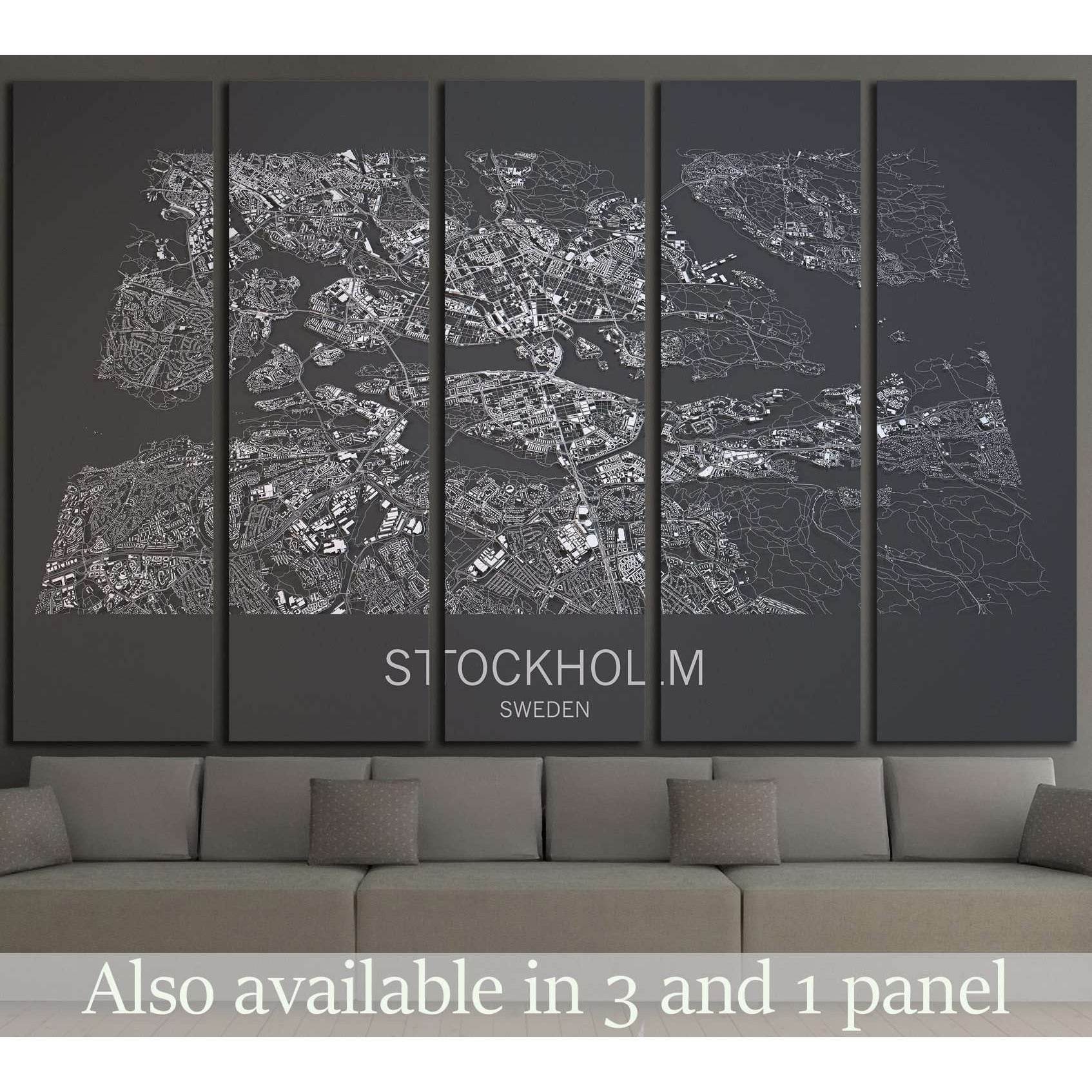 Stockholm map, satellite view, city Sweden, black and white №1822 Ready to Hang Canvas Print