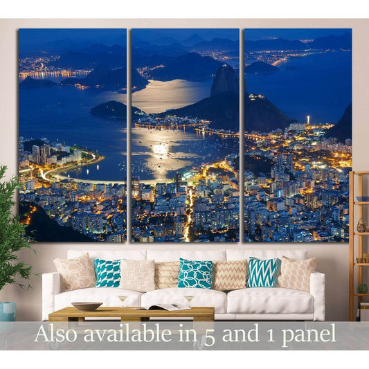 Rio de Janeiro triptych canvas print with Sugarloaf Mountain and Botafogo Bay above a living room sofa