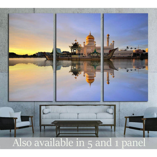 Sultan Omar Ali Saifuddin Mosque triptych canvas print with gold dome reflection above sofa