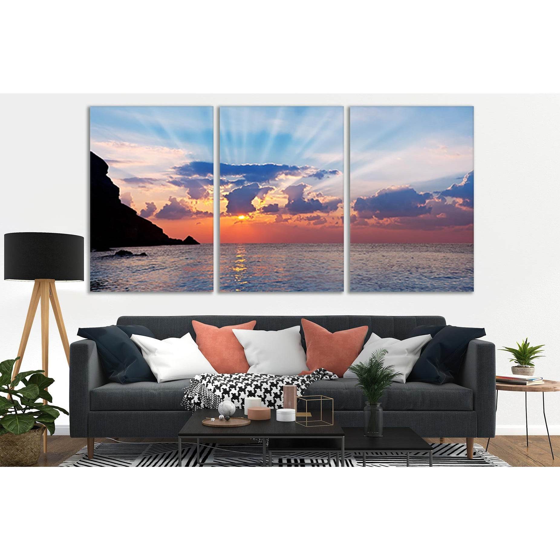 Sun Rays Sea Sunset №SL207 Ready to Hang Canvas Print - Zellart Canvas Prints 0new, ALL_Products, Beach Ocean & Waves, SUNRISE & SUNSET WALL ART