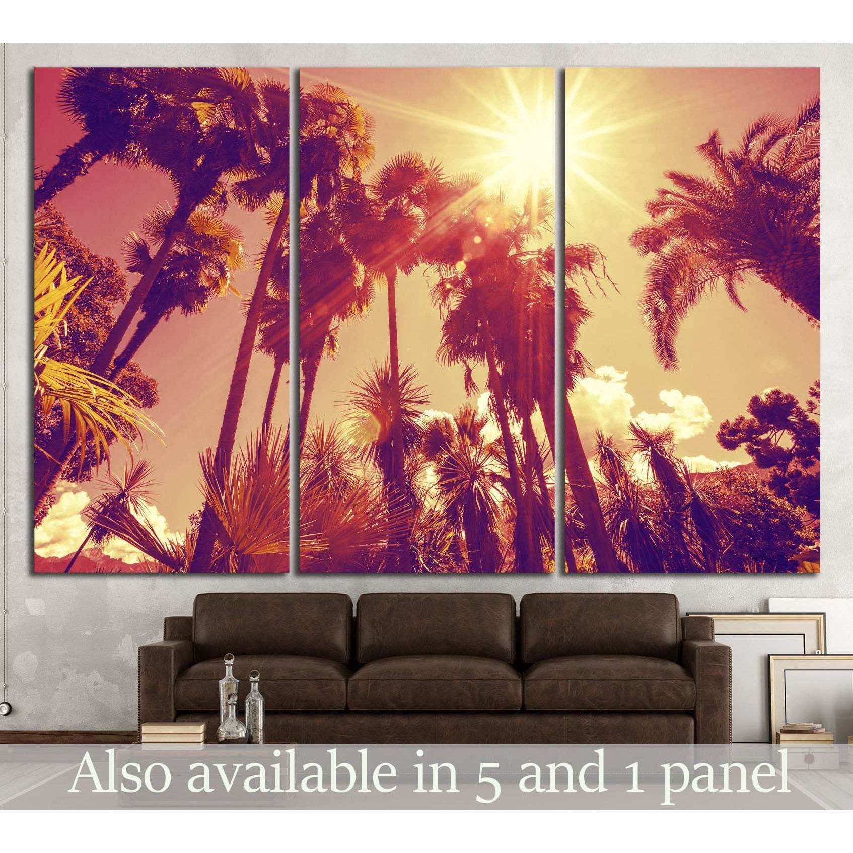 Sun shining through tall palm trees №897 Ready to Hang Canvas Print
