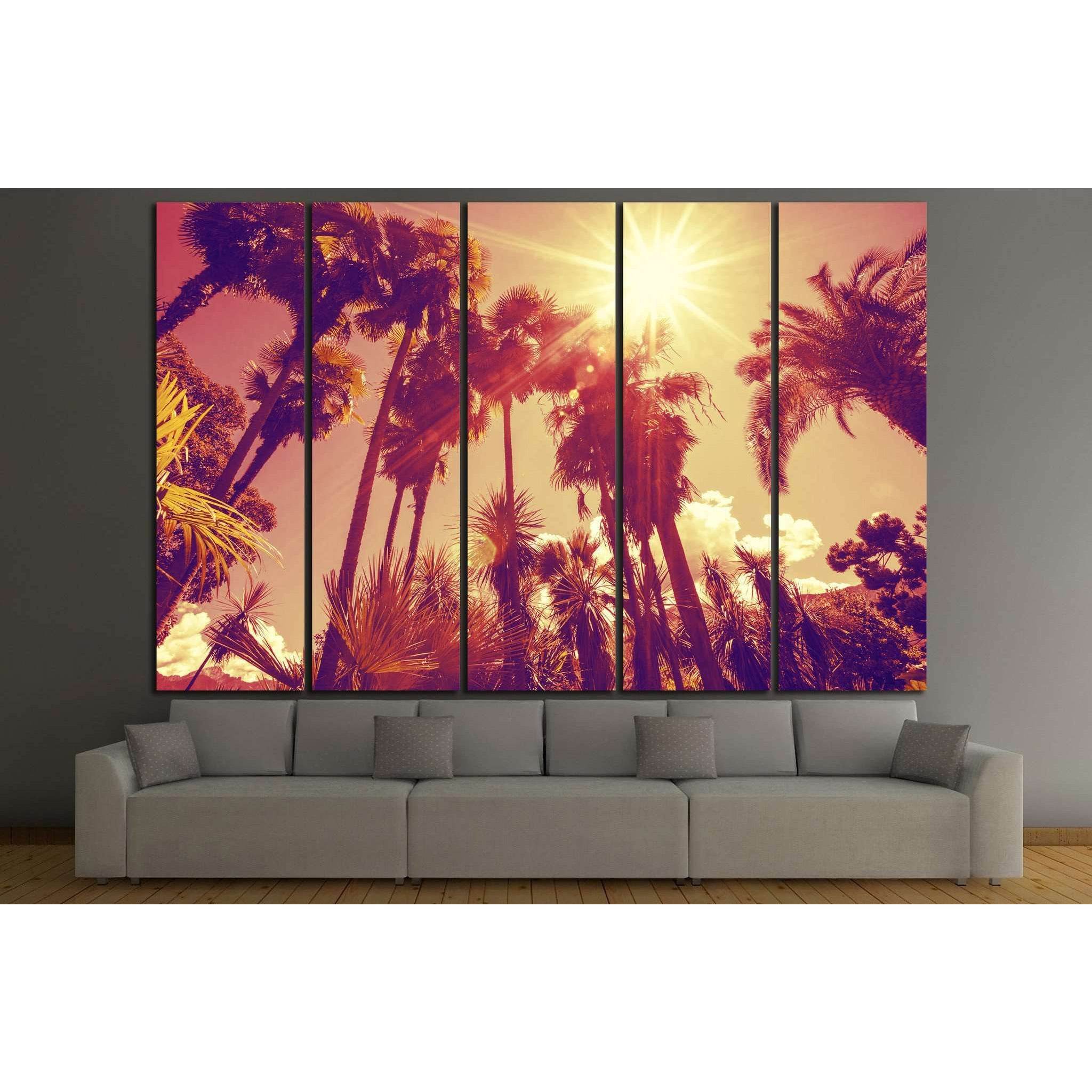Sun shining through tall palm trees №897 Ready to Hang Canvas Print
