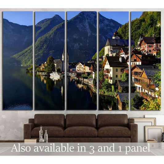 Hallstatt sunrise canvas print with Austrian lakeside village and mountains above sofa