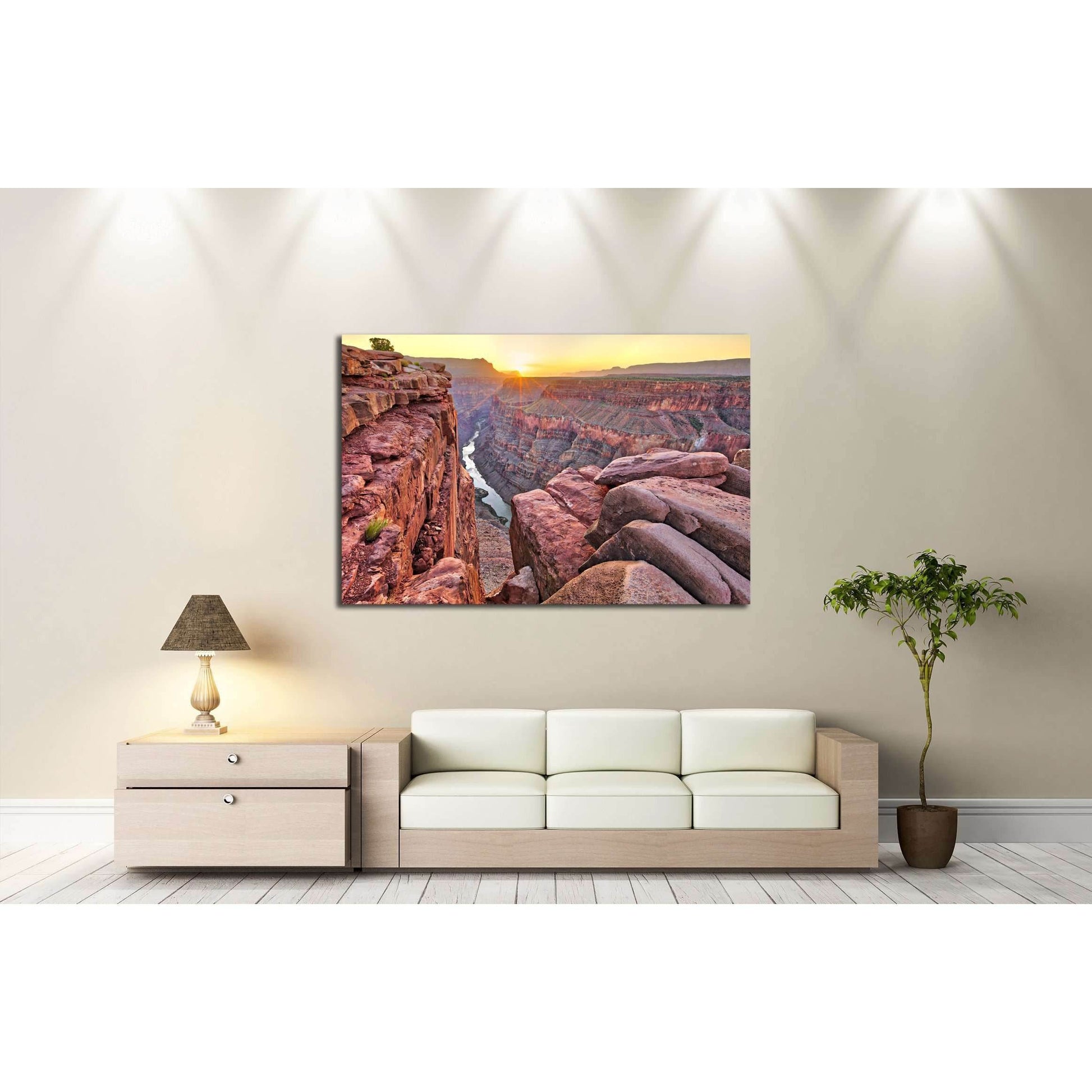 Sunrise at Toroweap in Grand Canyon National Park №3116 Ready to Hang Canvas PrintThis striking multi-panel canvas print displays the grandeur of a canyon at sunrise. The warm sunlight bathes the rock formations in a golden hue, with the river winding thr