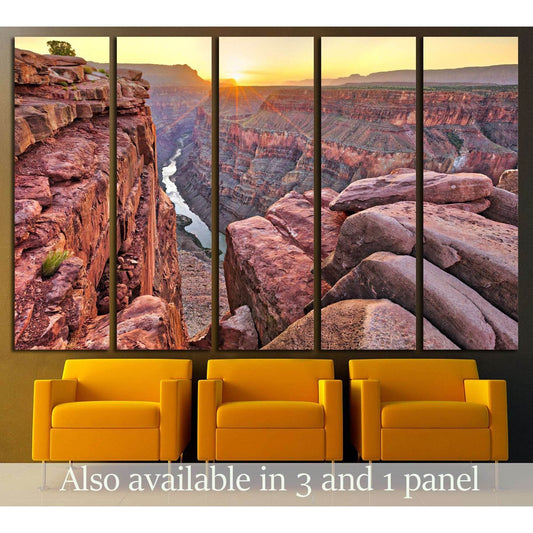 Sunrise at Toroweap in Grand Canyon National Park №3116 Ready to Hang Canvas PrintThis striking multi-panel canvas print displays the grandeur of a canyon at sunrise. The warm sunlight bathes the rock formations in a golden hue, with the river winding thr