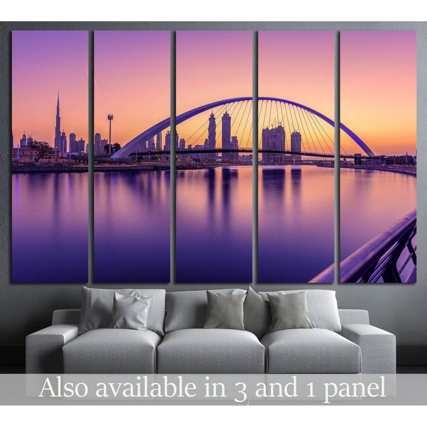 Dubai Canal sunrise canvas print with arched bridge and skyline in pink purple tones