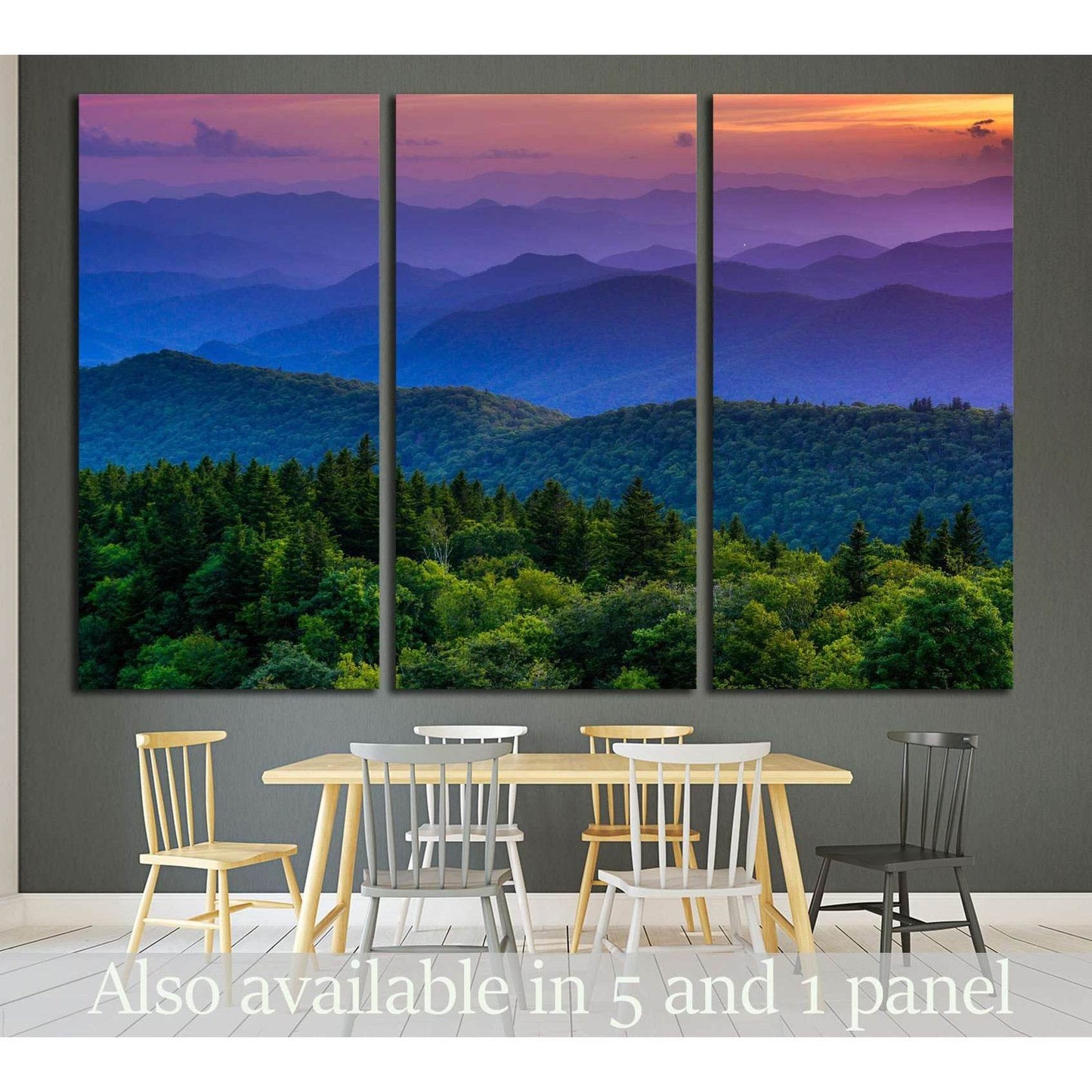 Sunset from Cowee Mountains Overlook, on the Blue Ridge Parkway in North Carolina №1970 Ready to Hang Canvas PrintThis canvas print elegantly captures a sunset over a rolling mountain landscape, presenting a harmonious blend of purple skies and verdant gr