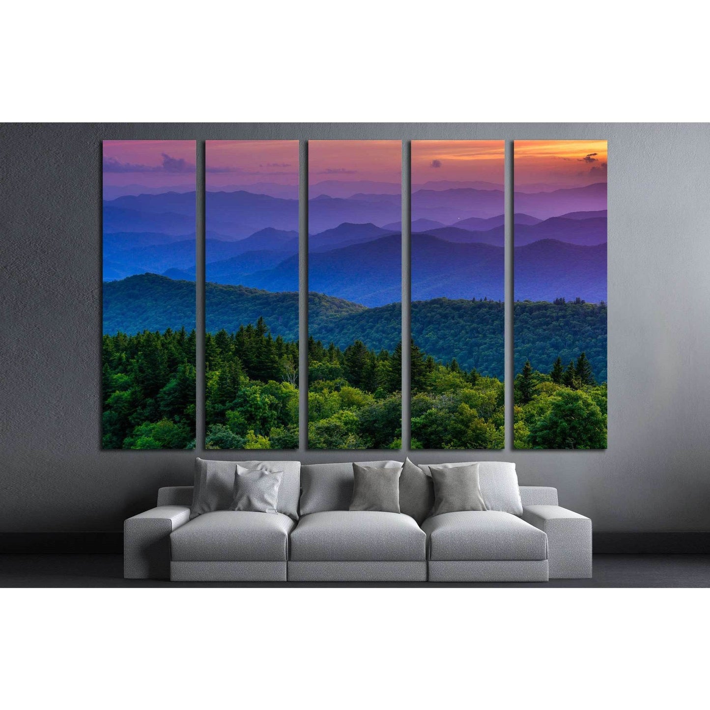 Sunset from Cowee Mountains Overlook, on the Blue Ridge Parkway in North Carolina №1970 Ready to Hang Canvas PrintThis canvas print elegantly captures a sunset over a rolling mountain landscape, presenting a harmonious blend of purple skies and verdant gr