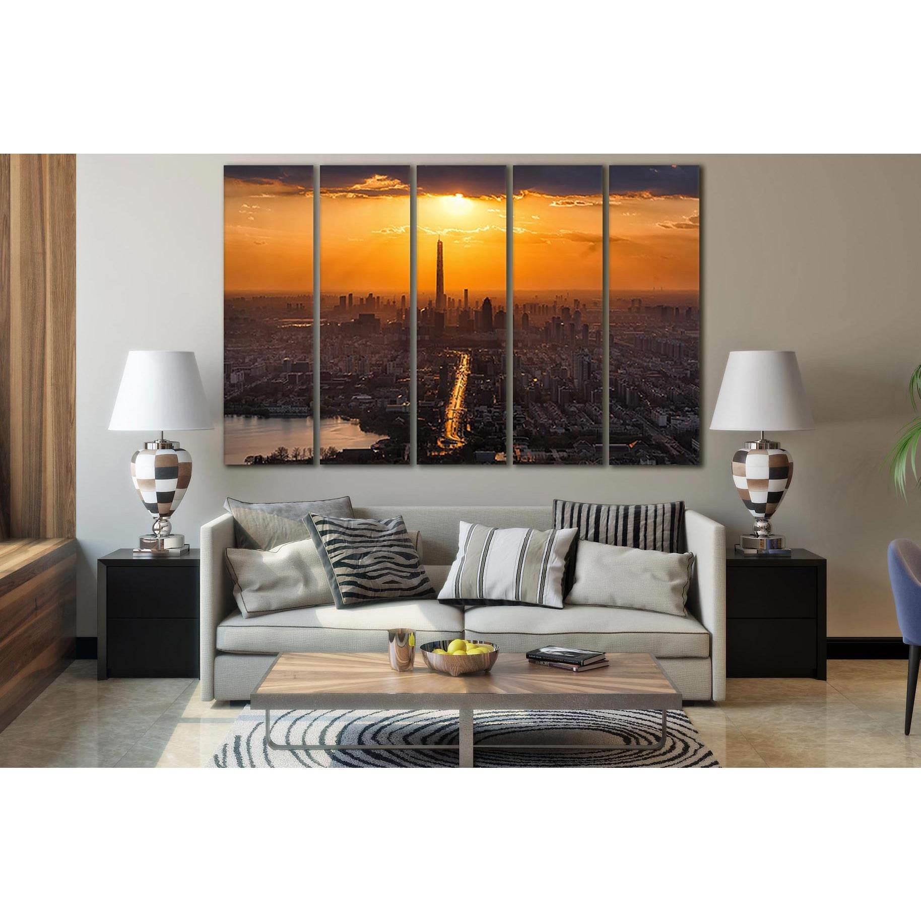Sunset Over City №SL297 Ready to Hang Canvas Print - Zellart Canvas Prints 0new, ALL_Products, SUNRISE & SUNSET WALL ART