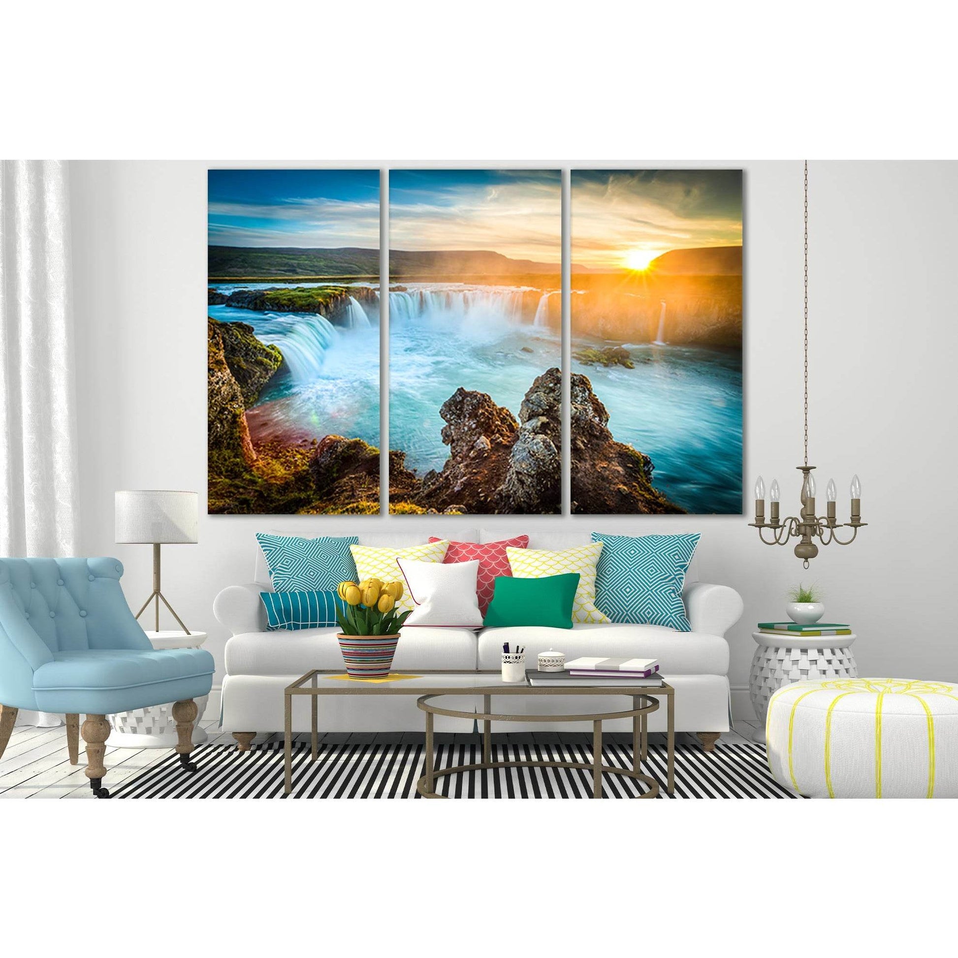 Sunset Waterfalls Godafoss №SL467 Ready to Hang Canvas Print - Zellart Canvas Prints 0new, ALL_Products, Waterfall, Waterfall Wall Art