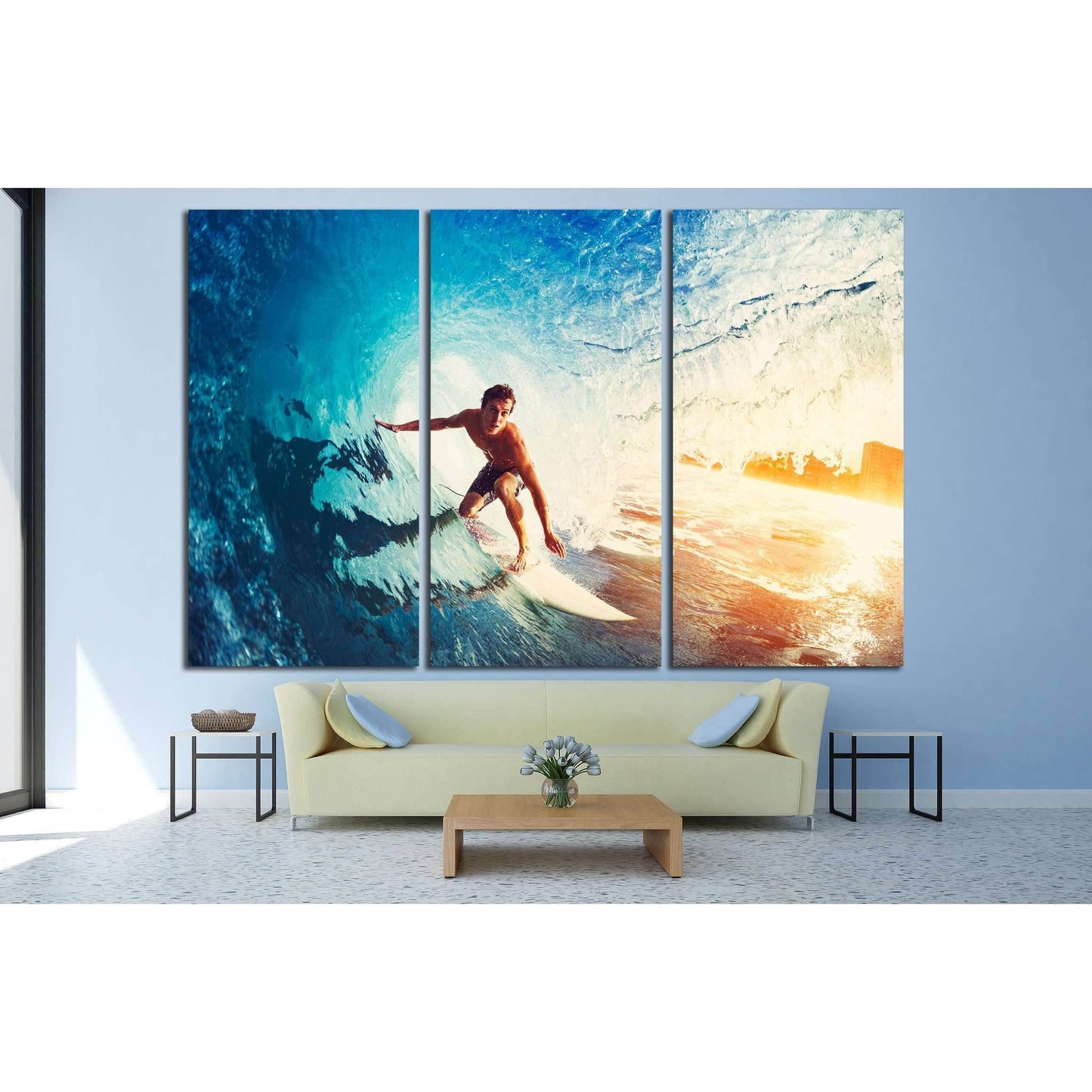 Surfer on Blue Ocean Wave Getting Barreled at Sunrise №3246 Ready to Hang Canvas Print - Zellart Canvas Prints ALL_Products, s-3246