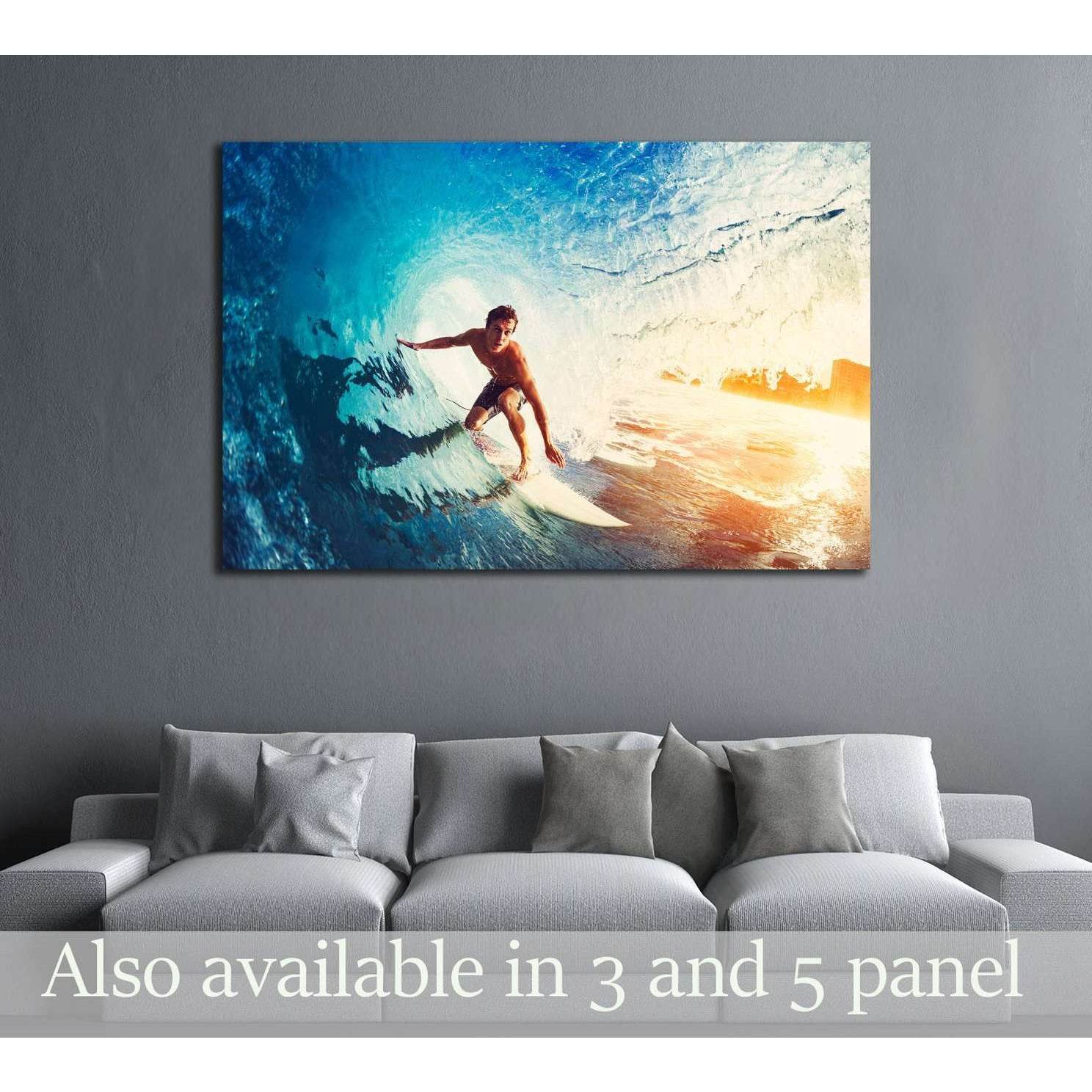 Surfer on Blue Ocean Wave Getting Barreled at Sunrise №3246 Ready to Hang Canvas Print - Zellart Canvas Prints ALL_Products, s-3246