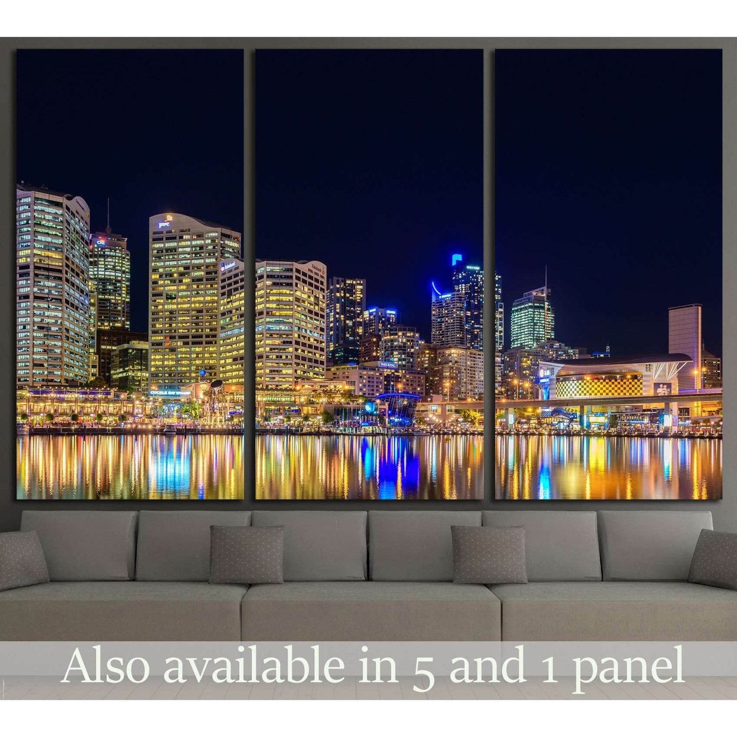 Sydney Darling Harbour night skyline canvas print above sofa with colorful city light reflections