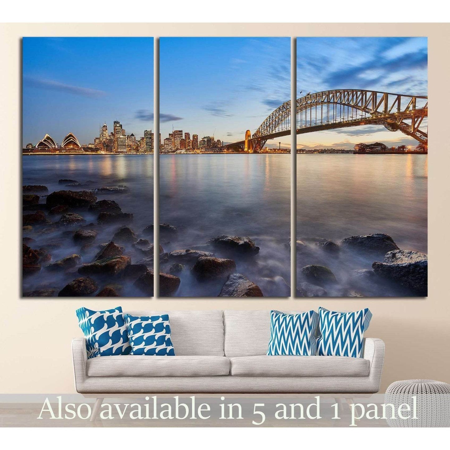 Sydney Harbour Bridge and Opera House triptych canvas print above sofa in a modern living room