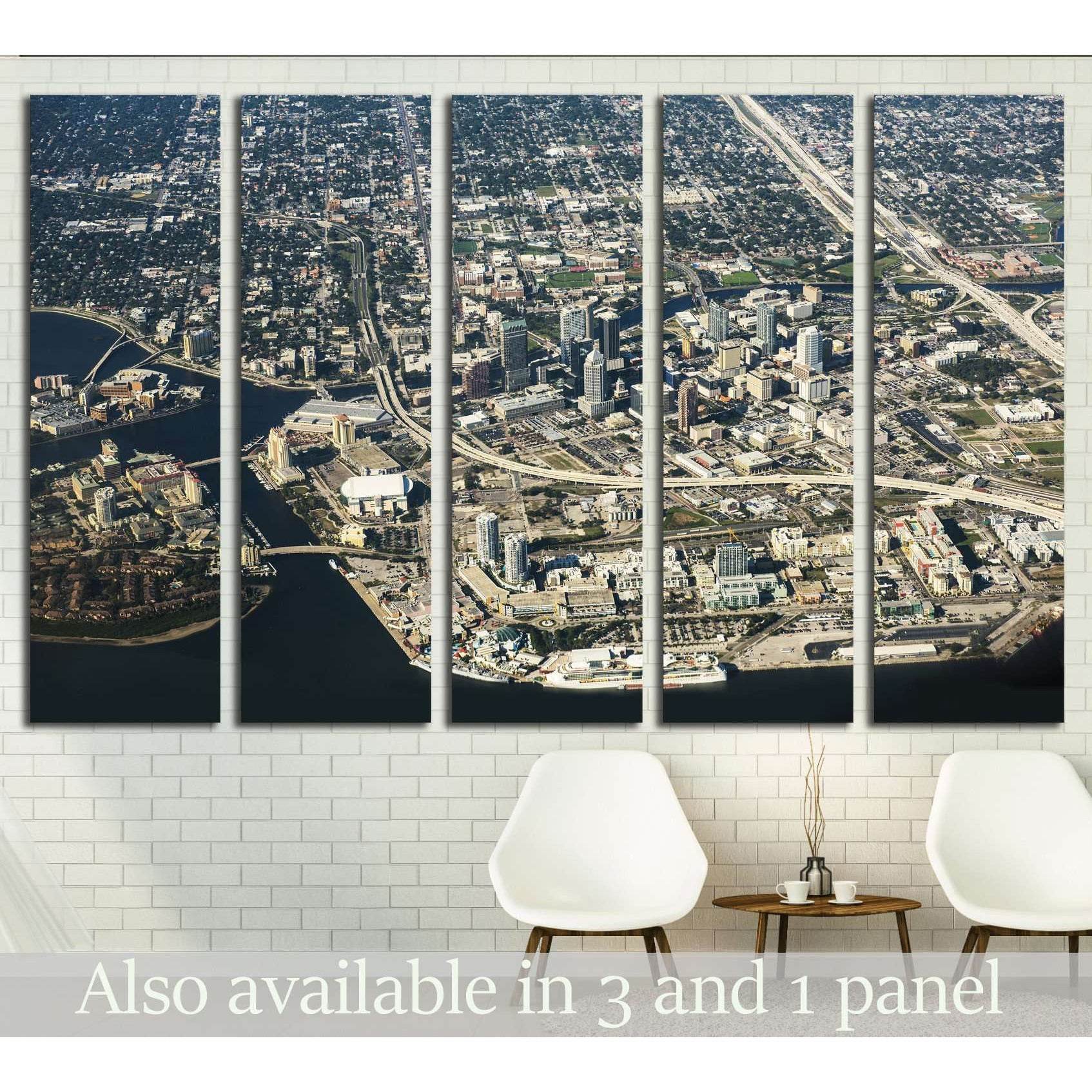 Tampa aerial view canvas print featuring downtown skyline and waterfront in a five-panel wall display