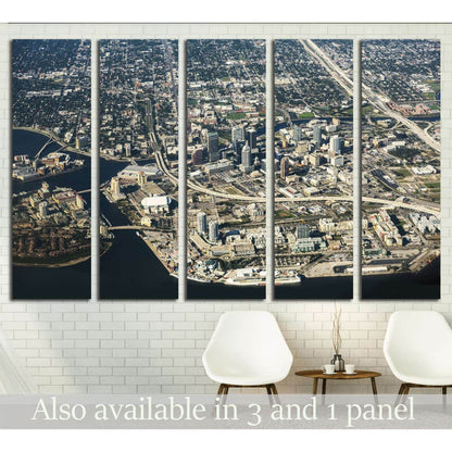 Tampa aerial view canvas print featuring downtown skyline and waterfront in a five-panel wall display