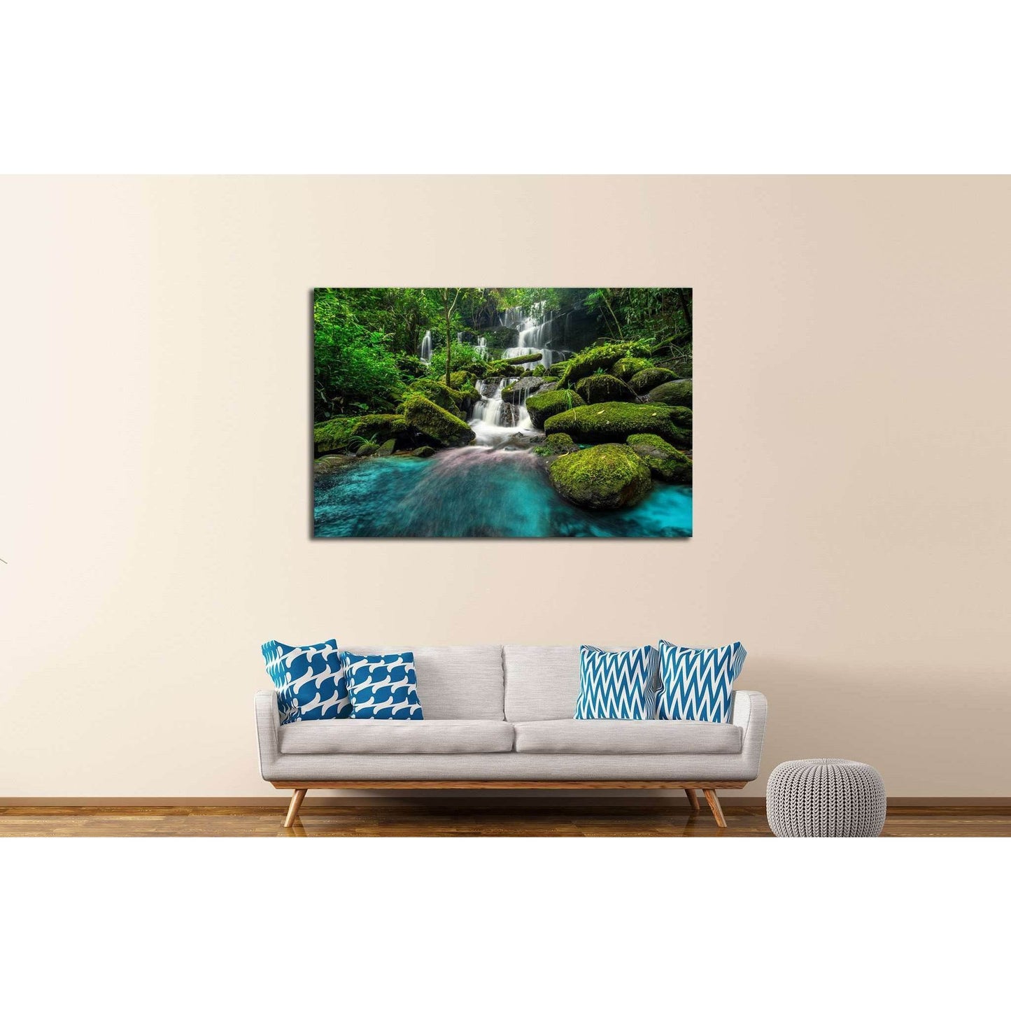 Thailand Forest Waterfall Canvas Art for Nature-Inspired SpacesThis canvas print showcases a verdant waterfall oasis, where the water flows over moss-covered rocks in a tranquil forest. The lush greenery and serene water create a refreshing and rejuvenati