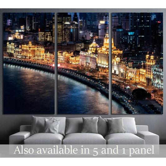 The Bund Shanghai night skyline canvas print in three panels above a sofa