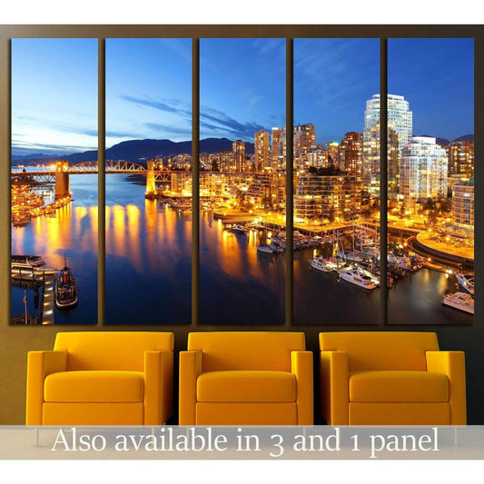 Vancouver skyline canvas print with marina boats, lit harbor, bridge, and mountain backdrop at dusk