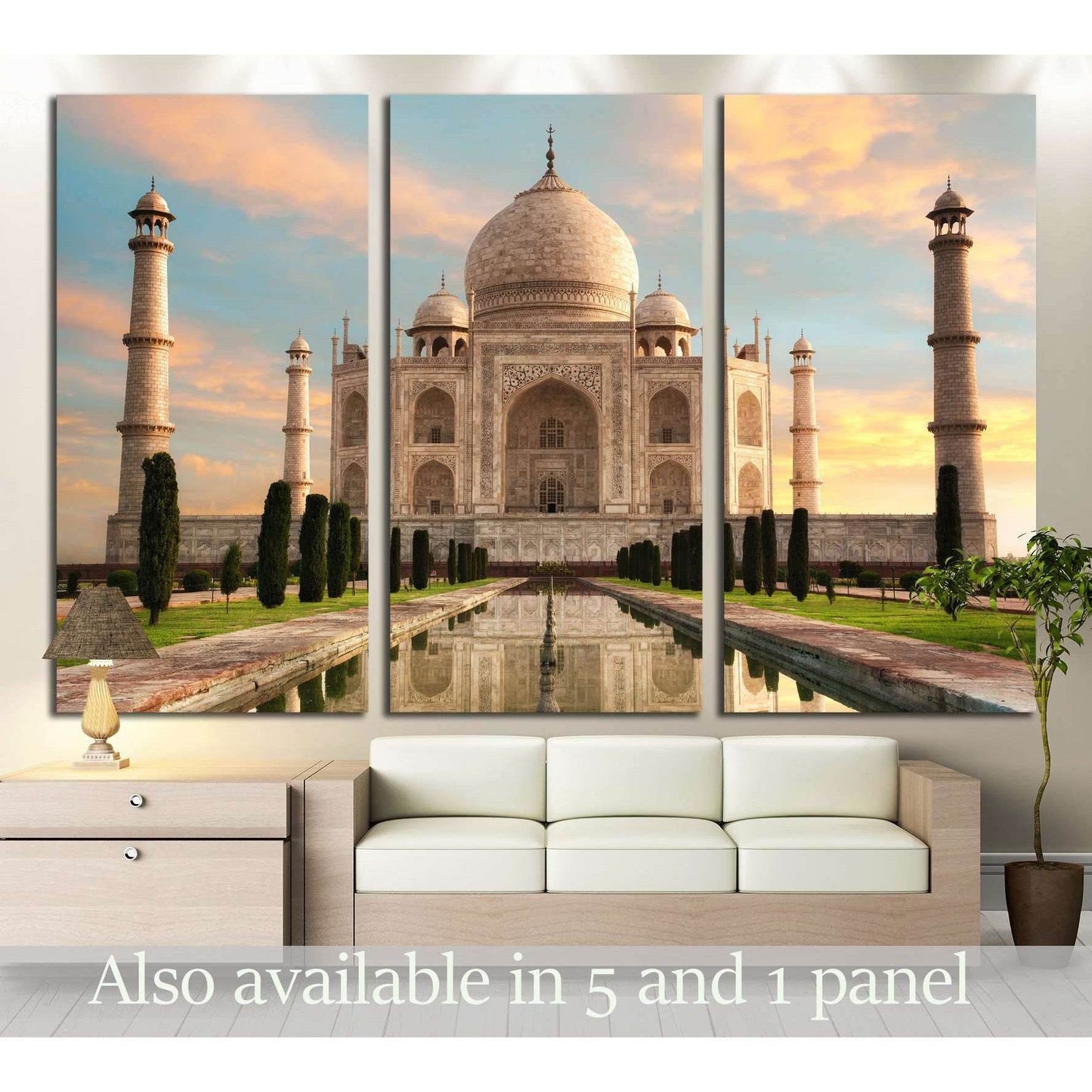The magnificent Taj Mahal in India shows its full splendor at a glorious sunrise with pastel-colored sky №3029 Ready to Hang Canvas PrintCanvas art arrives ready to hang, with hanging accessories included and no additional framing required. Every canvas p