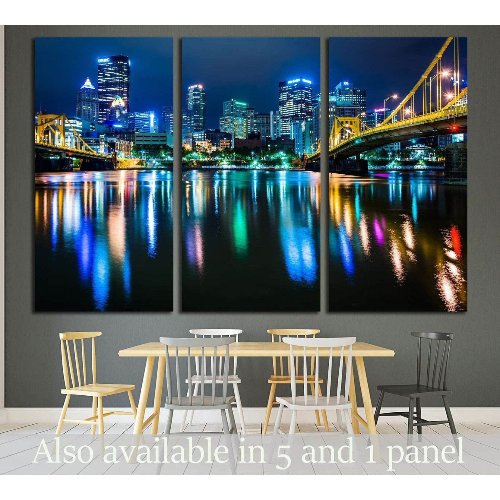 The Pittsburgh skyline, Allegheny River at night, Pennsylvania №1705 Ready to Hang Canvas Print