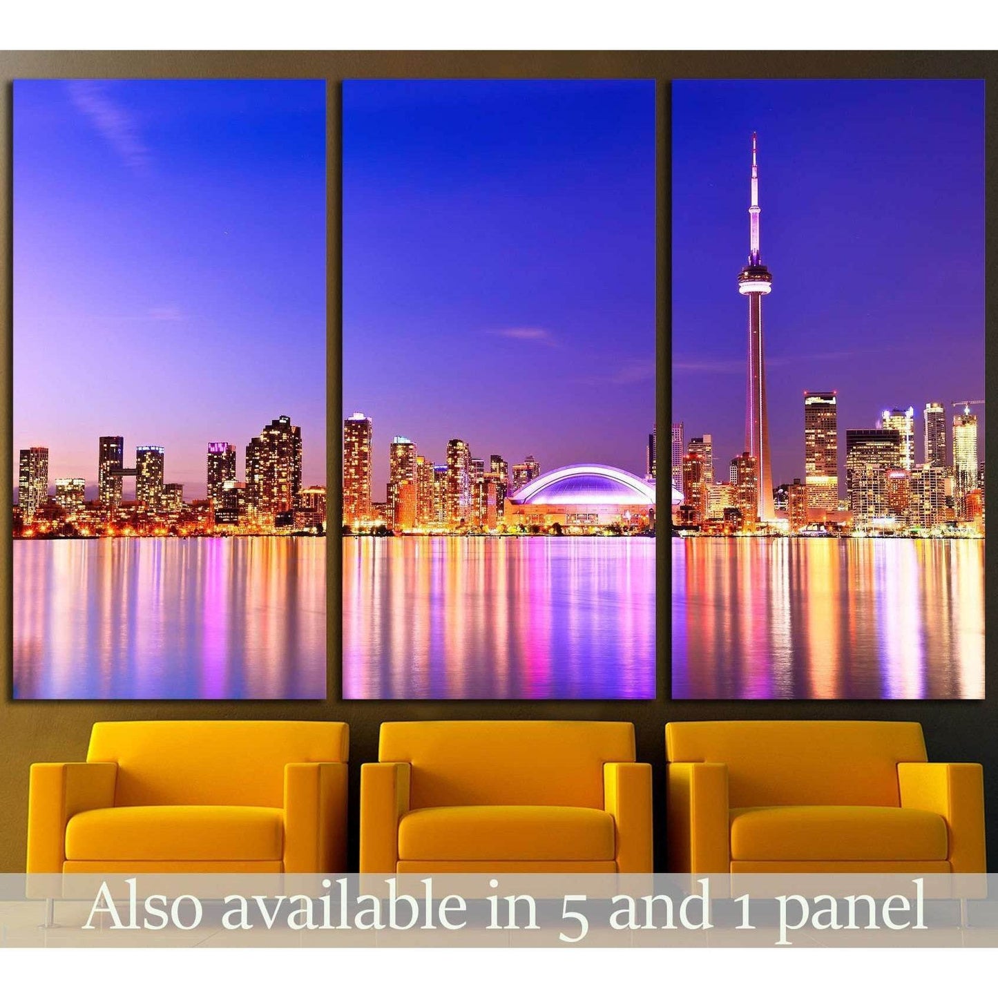 Toronto skyline triptych canvas print with CN Tower above chairs in a modern lounge