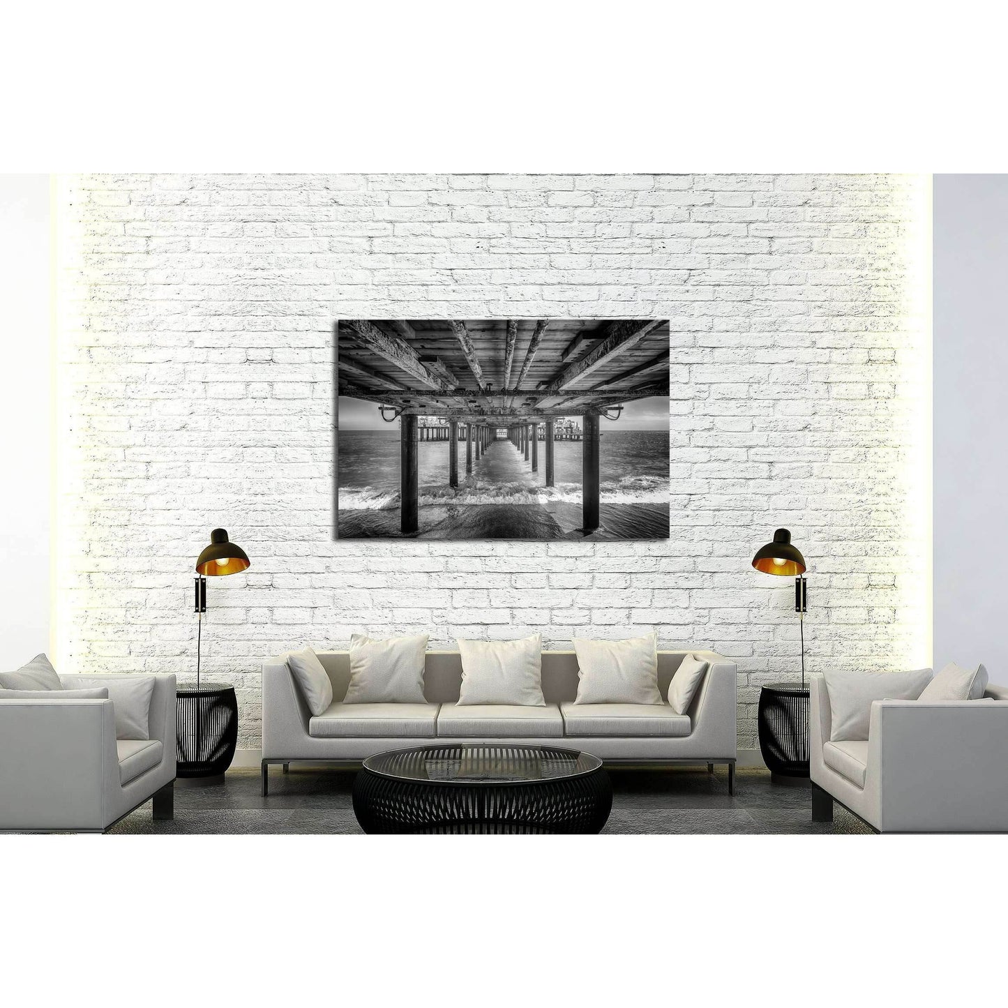 The underside of a pier with rest area on the end of it, black and white №2935 Ready to Hang Canvas Print - Zellart Canvas Prints ALL_Products, s-2935