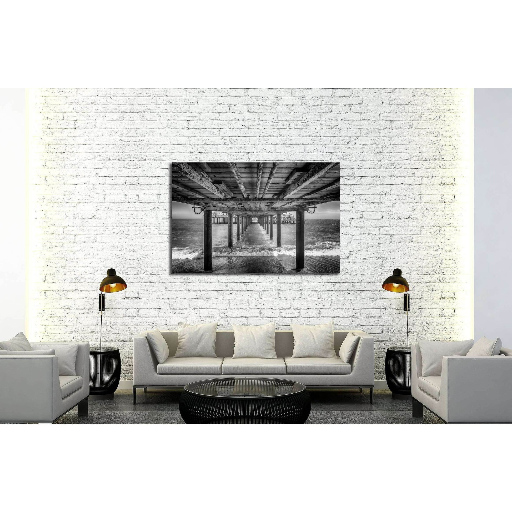 The underside of a pier with rest area on the end of it, black and white №2935 Ready to Hang Canvas Print - Zellart Canvas Prints ALL_Products, s-2935