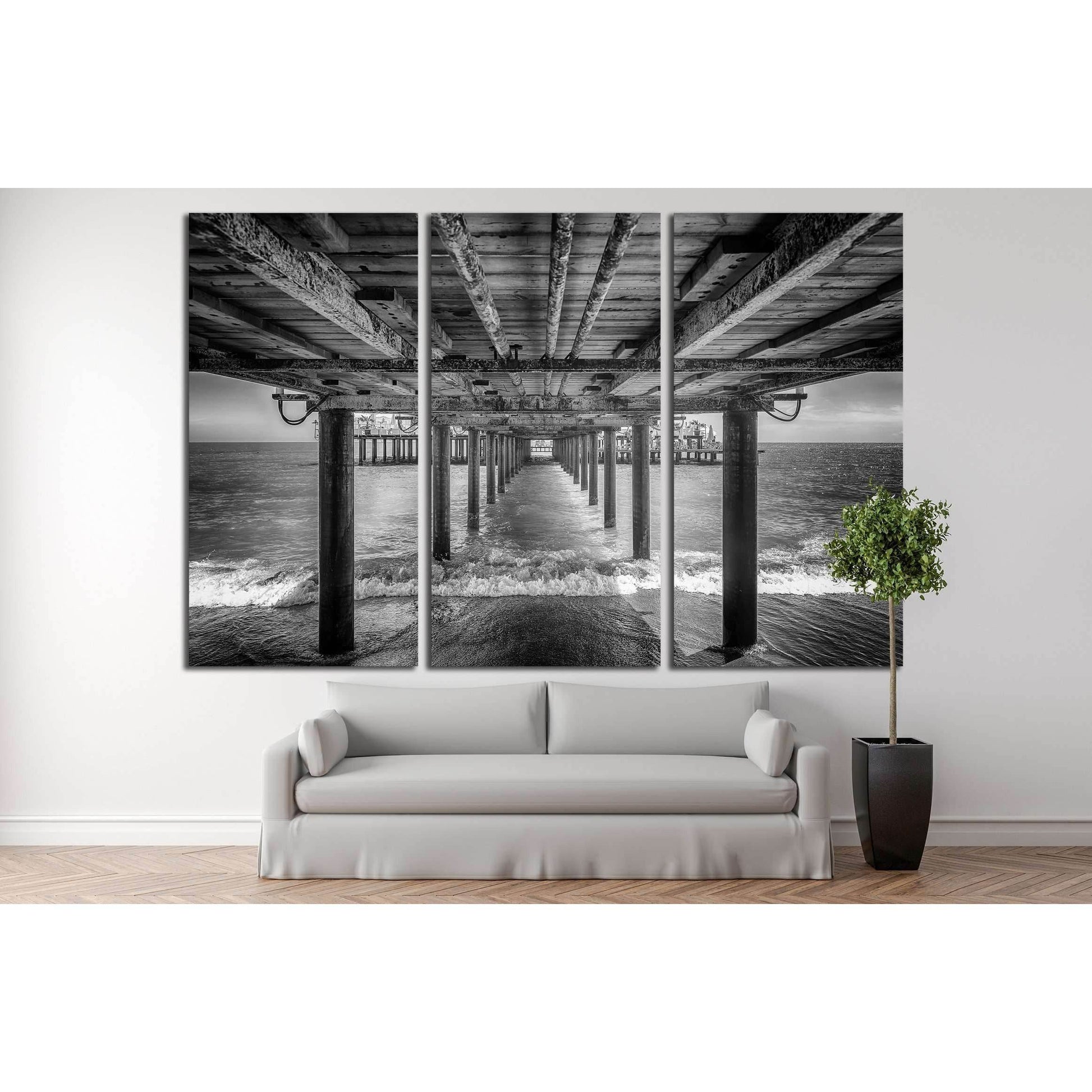 The underside of a pier with rest area on the end of it, black and white №2935 Ready to Hang Canvas Print - Zellart Canvas Prints ALL_Products, s-2935