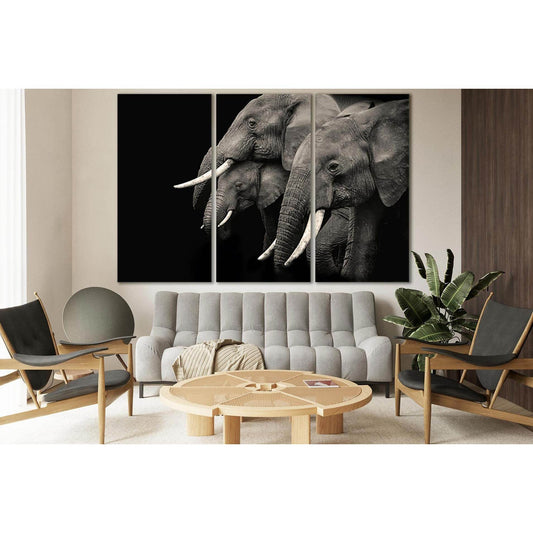 Three Elephants On Black Background №SL874 Ready to Hang Canvas Print - Zellart Canvas Prints 0new, ALL_Products, Black & White Wall Art, Elephant