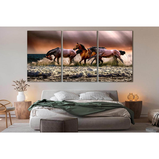 Three Horses In The Sea №SL187 Ready to Hang Canvas Print - Zellart Canvas Prints 0new, ALL_Products, Beach Ocean & Waves, Horses