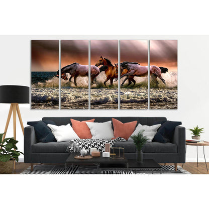 Three Horses In The Sea №SL187 Ready to Hang Canvas Print - Zellart Canvas Prints 0new, ALL_Products, Beach Ocean & Waves, Horses