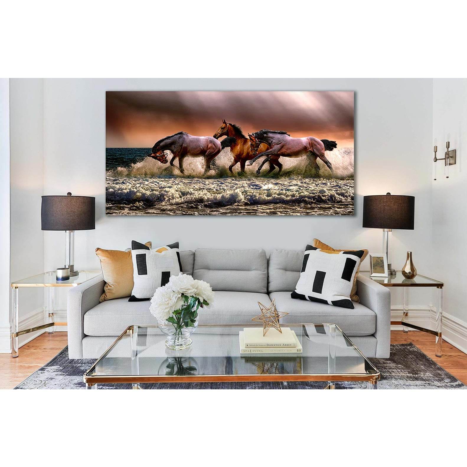 Three Horses In The Sea №SL187 Ready to Hang Canvas Print - Zellart Canvas Prints 0new, ALL_Products, Beach Ocean & Waves, Horses