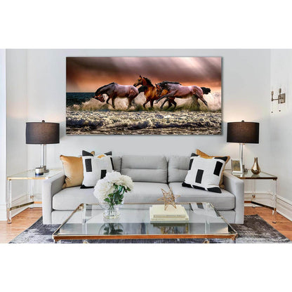Three Horses In The Sea №SL187 Ready to Hang Canvas Print - Zellart Canvas Prints 0new, ALL_Products, Beach Ocean & Waves, Horses