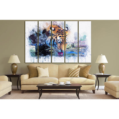 Tiger Drinks Water Oil Painting №SL576 Ready to Hang Canvas Print - Zellart Canvas Prints 0new, ALL_Products, Oil Painting Wall Art, Tiger