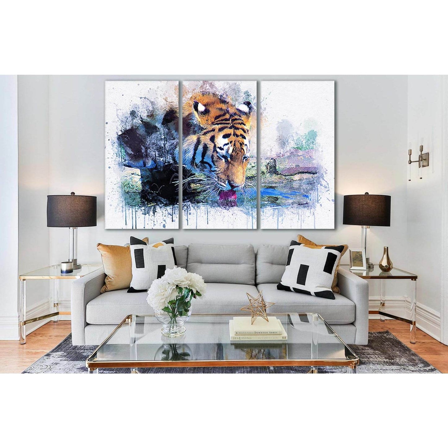 Tiger Drinks Water Oil Painting №SL576 Ready to Hang Canvas Print - Zellart Canvas Prints 0new, ALL_Products, Oil Painting Wall Art, Tiger