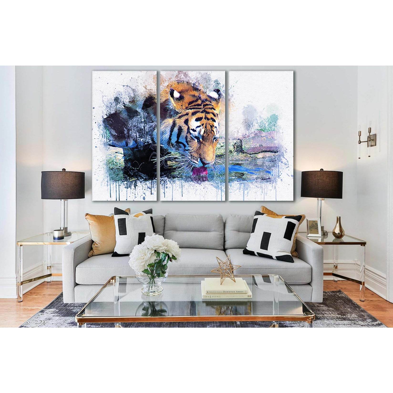 Tiger Drinks Water Oil Painting №SL576 Ready to Hang Canvas Print - Zellart Canvas Prints 0new, ALL_Products, Oil Painting Wall Art, Tiger