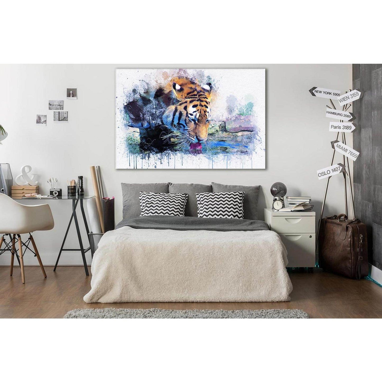 Tiger Drinks Water Oil Painting №SL576 Ready to Hang Canvas Print - Zellart Canvas Prints 0new, ALL_Products, Oil Painting Wall Art, Tiger